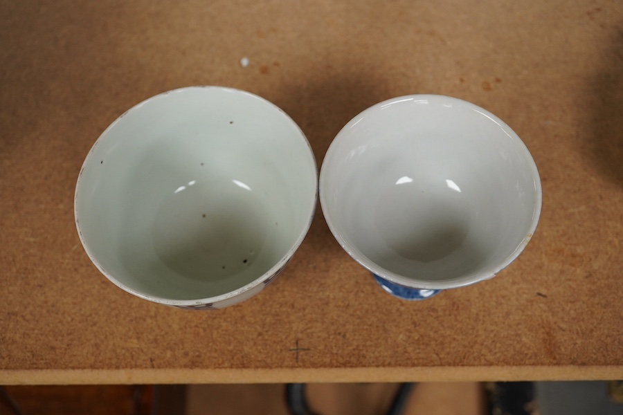 A Chinese powder blue stem cup and a blue and white 'shou' cup, largest 10cm in diameter. Condition - good